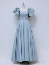 A-Line Puff sleeves Long Blue Prom Dress, Square Neckline Blue Long Formal Dress